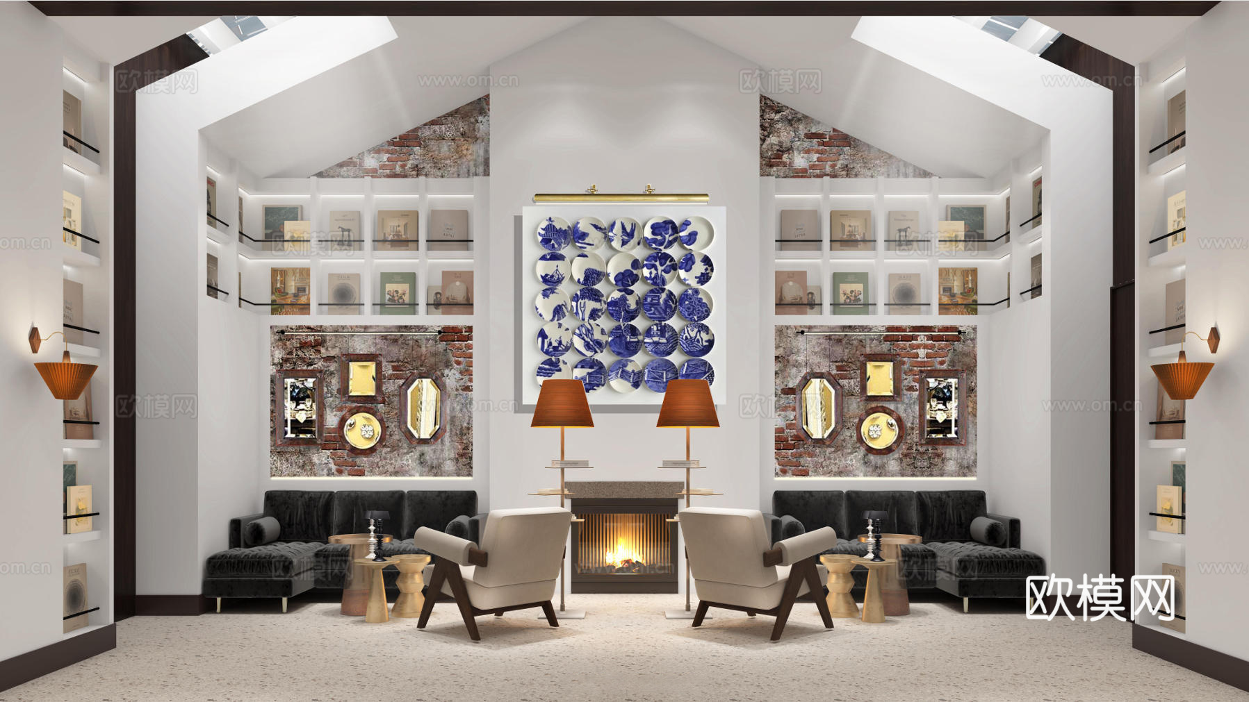 现代书吧阅览室美术室文化书店网红打卡古建改造展览馆博物馆文创3d模型下载（渲染图1）