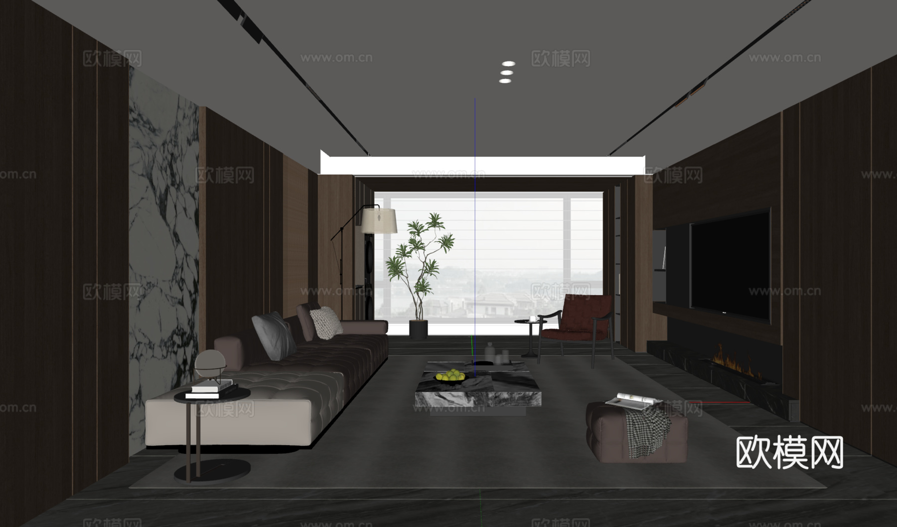 现代意式客厅 沙发茶几 电视背景墙 多人沙发 休闲椅 落地灯su模型