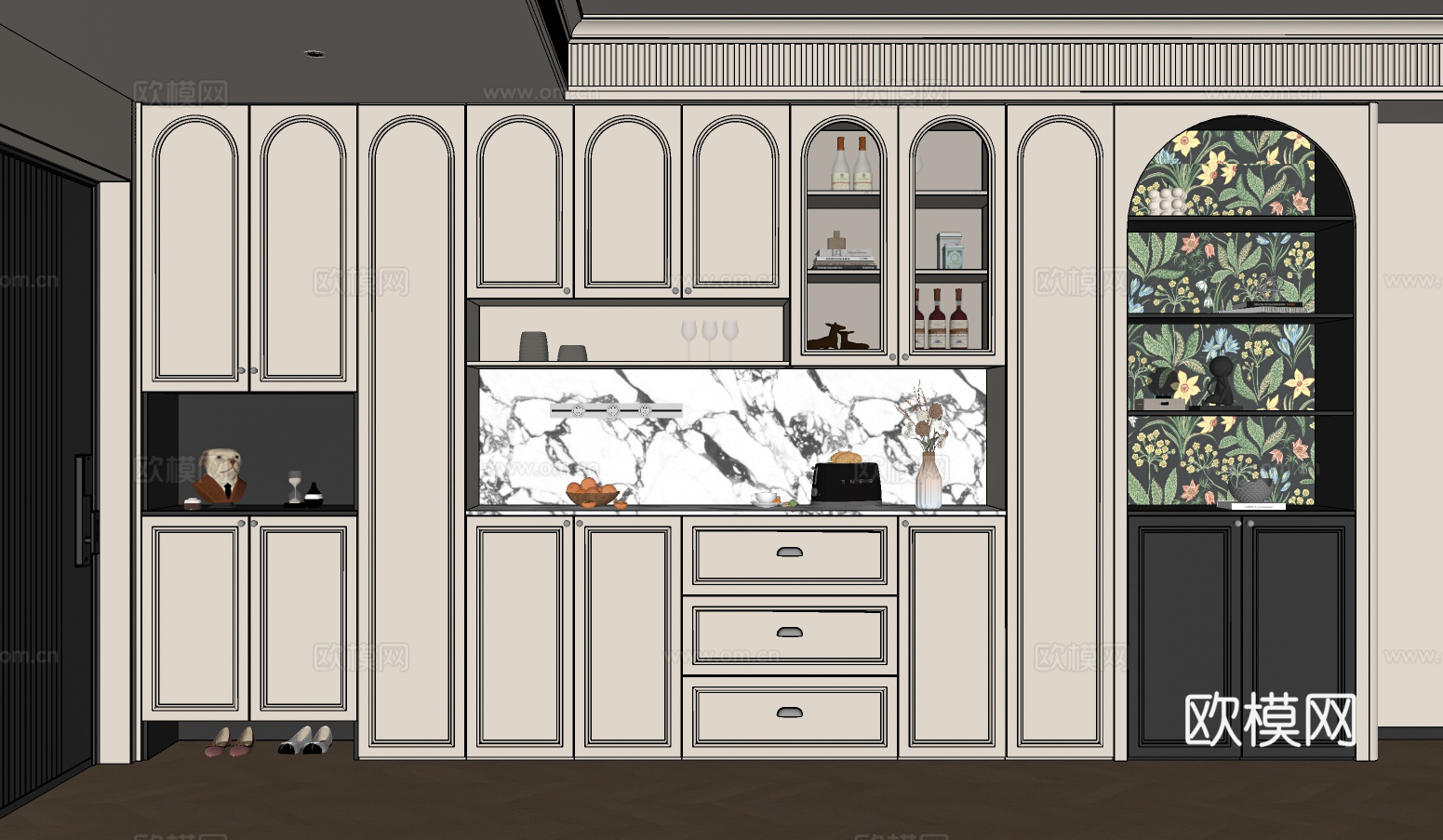 法式入户鞋柜餐边柜  玄关柜   鞋柜酒柜  备餐柜 茶水柜su模型