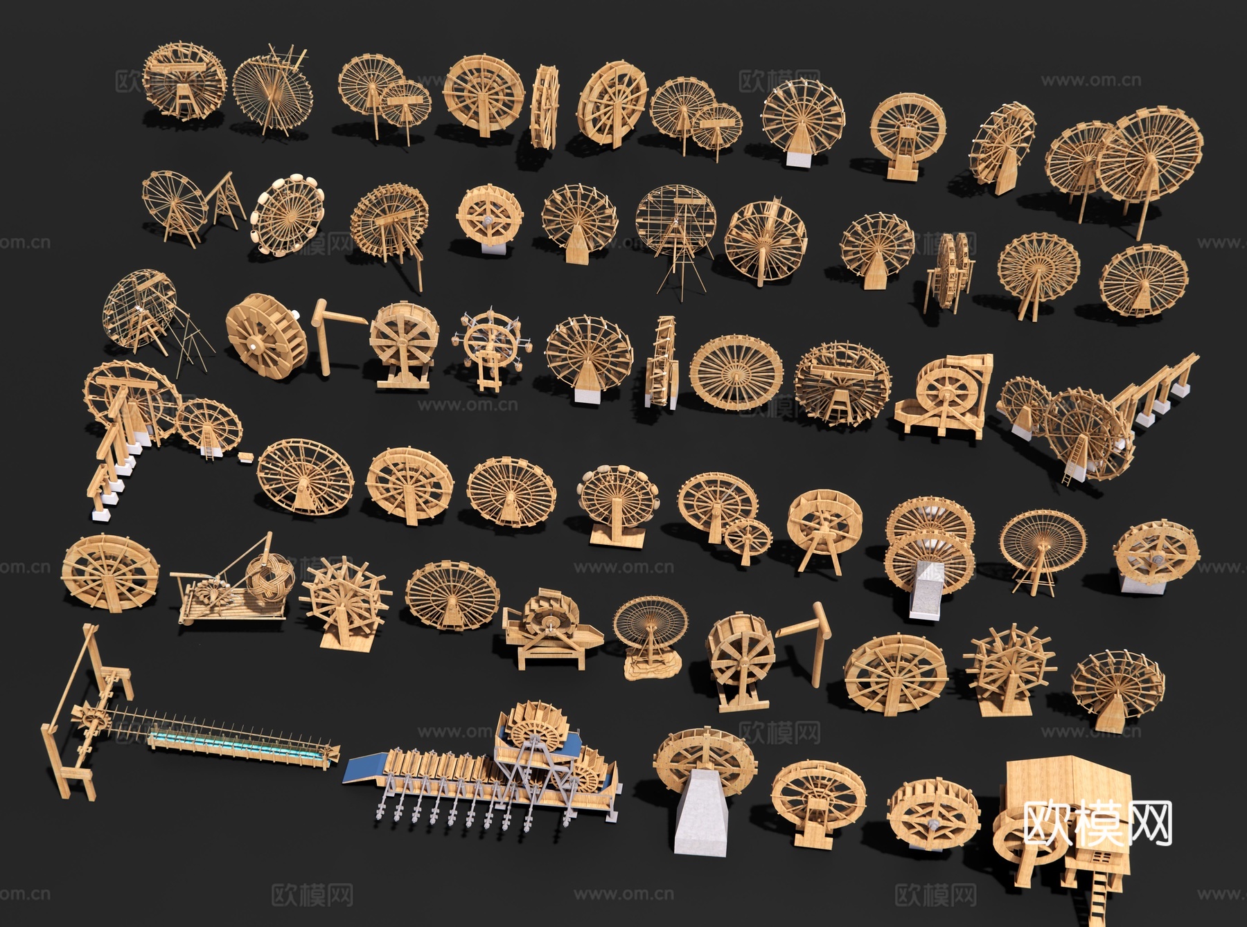 新中式水车 灌溉农具 排水车轮 风车 脚踏水车 水具乡村小品su模型