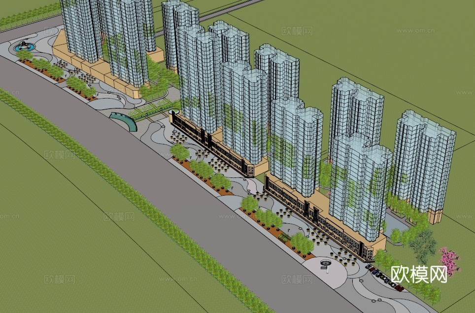 街边广场模型 园林景观模型 广场方案设计 园林方案设计su模型