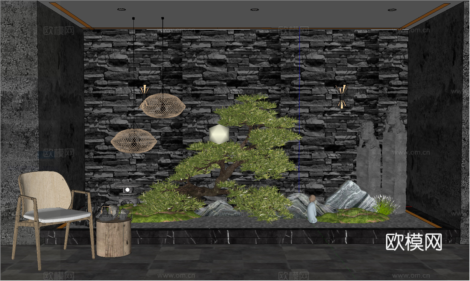 新中式庭院景观 民宿景观 休闲椅 假山石头 松树景观树 景墙su模型