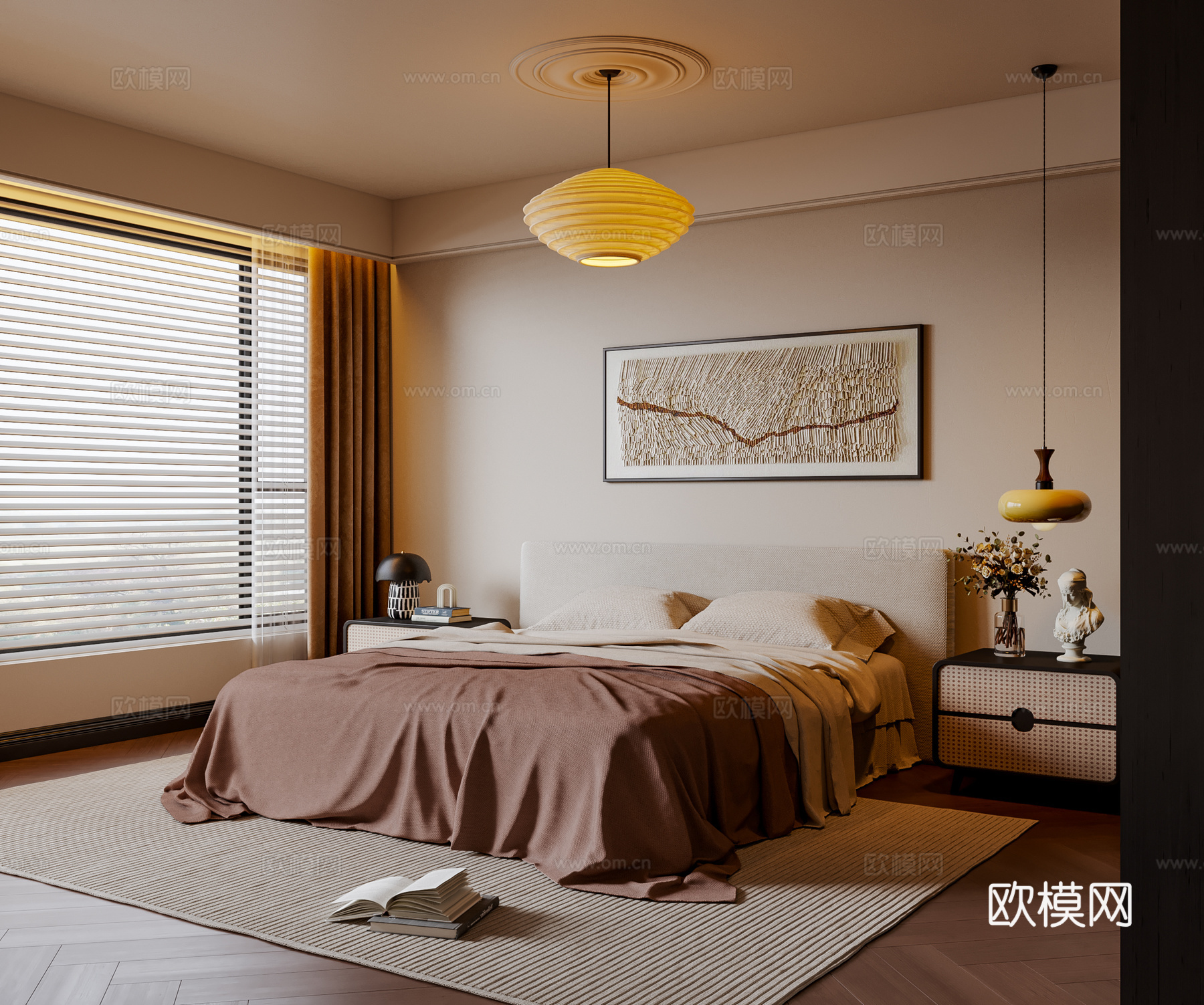 中古风卧室 布艺双人床 床头柜 吊灯 挂画 地毯su模型