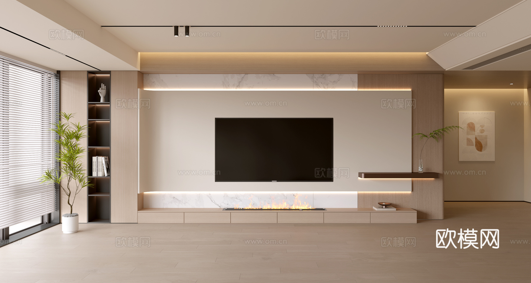 现代客厅 奶油客厅 电视背景墙 客厅背景 奶油风背景墙su模型下载（渲染图1）