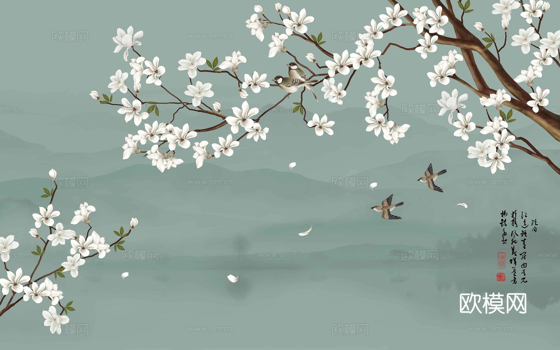 中式新中式花鸟植物壁纸壁画下载