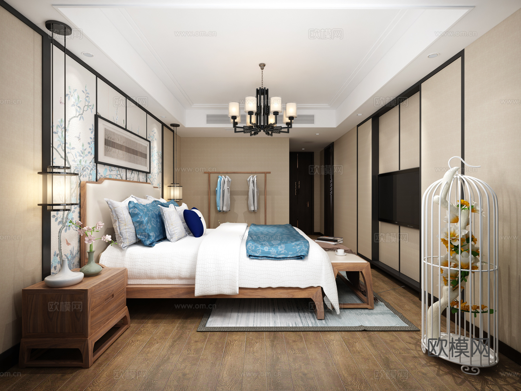 新中式卧室 双人床 床头柜 凳子 衣柜 吊灯 台灯 挂画3d模型下载（渲染图3）
