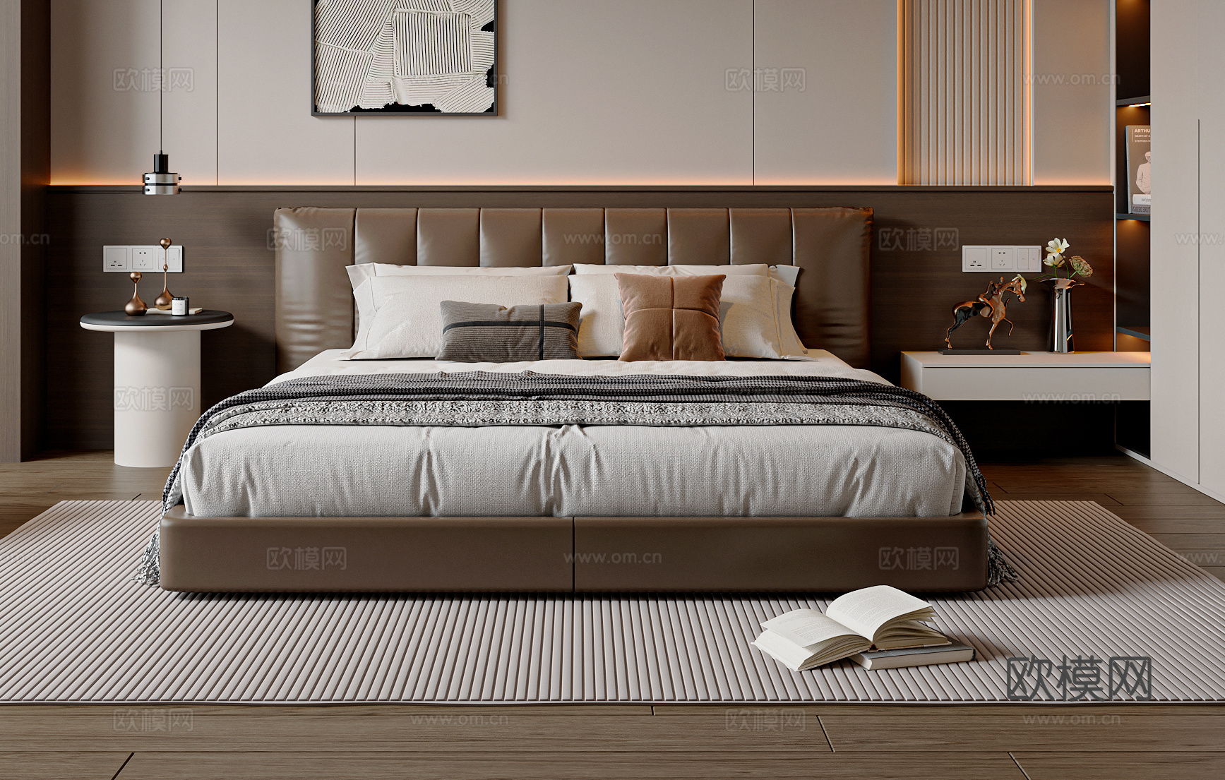现代简约双人床 皮质双人床 卧室床 床头柜 意式双人床su模型