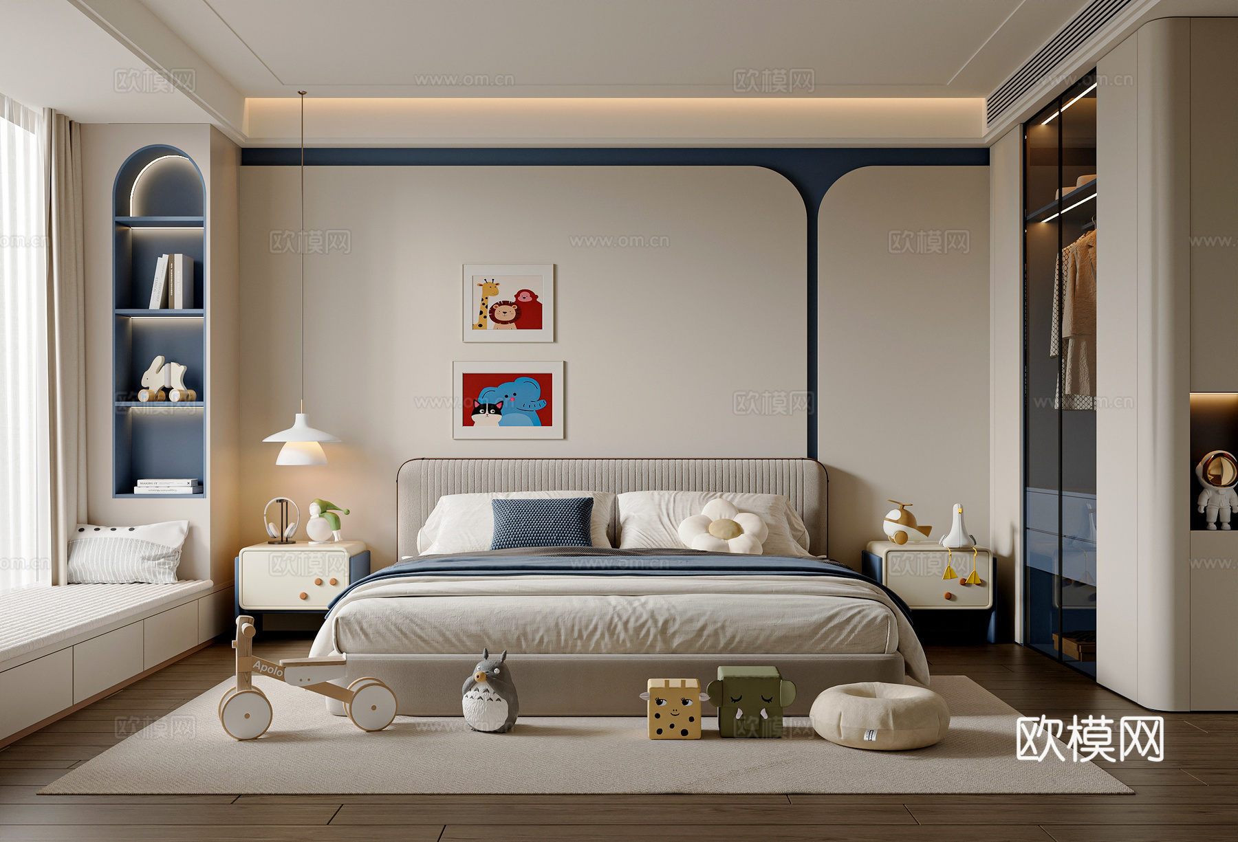 现代奶油风儿童房 布艺双人床 儿童玩具 衣柜 男孩房3d模型下载