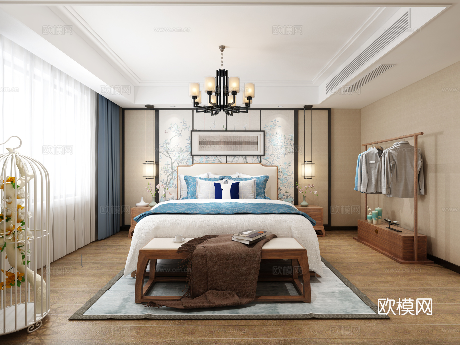 新中式卧室 双人床 床头柜 凳子 衣柜 吊灯 台灯 挂画3d模型下载（渲染图2）