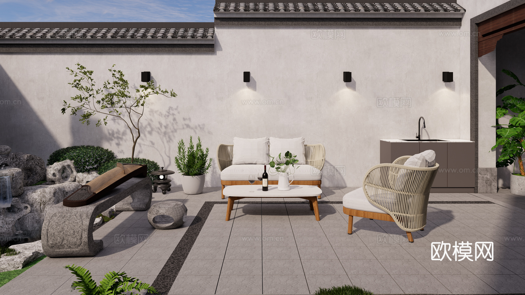 中式庭院花园 休闲户外沙发组合 古筝 操作台 洗手池组合su模型