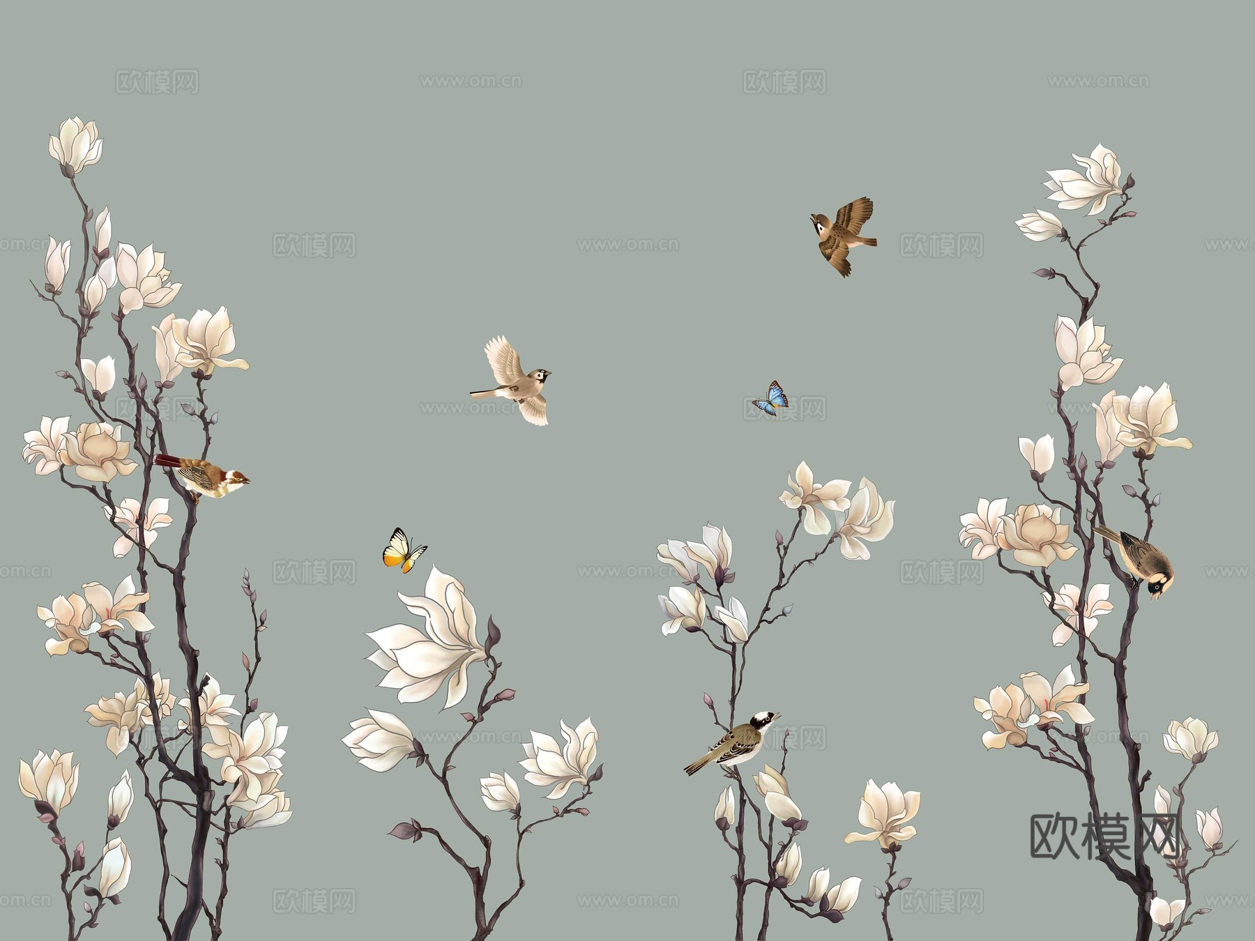 中式新中式花鸟植物壁纸壁画下载