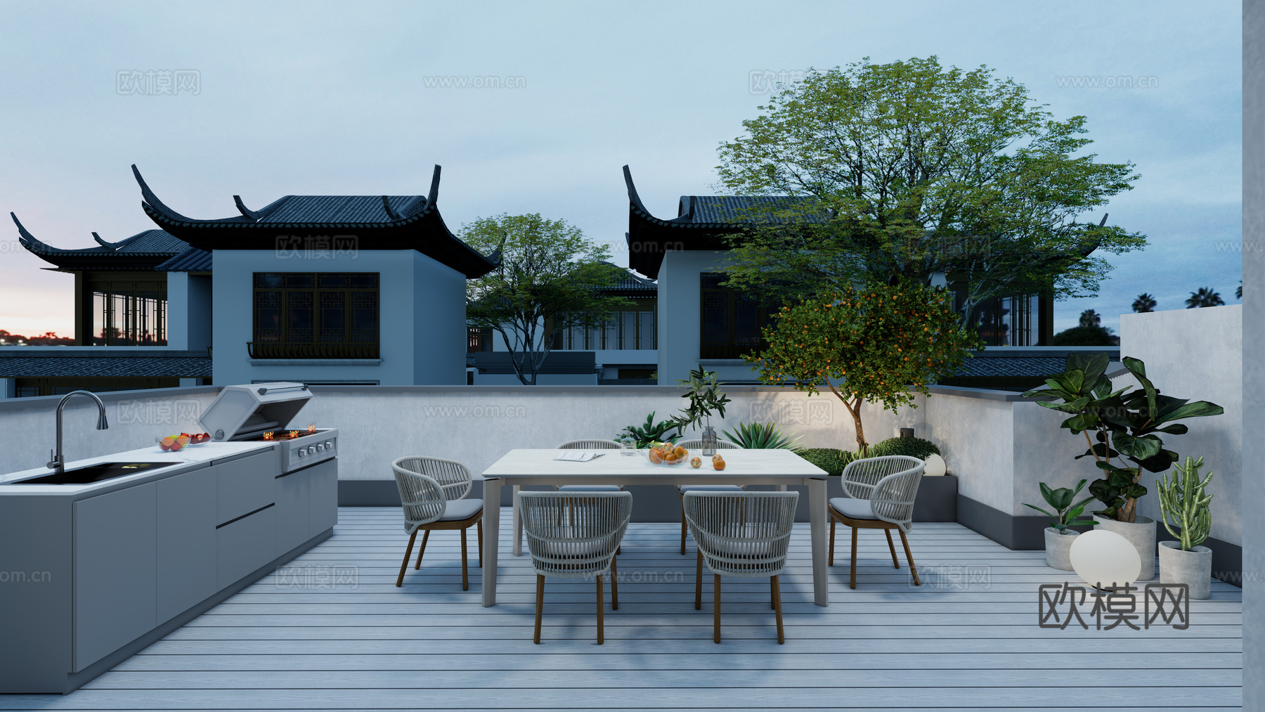 新中式庭院 屋顶露台花园 烧烤操作台 休闲餐桌椅 绿植花箱su模型
