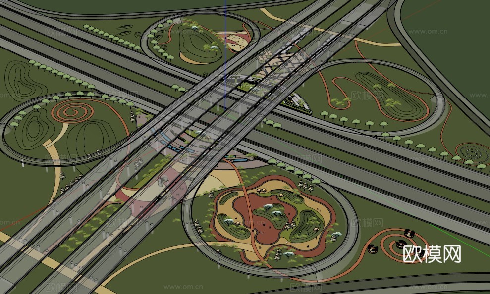桥下公园透明桥模型 园林景观模型 广场方案设计 园林方案设计su模型