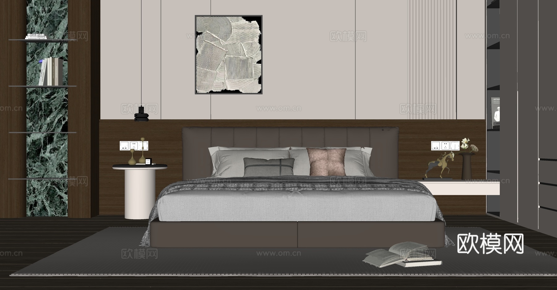 现代简约双人床 皮质双人床 卧室床 床头柜 意式双人床su模型