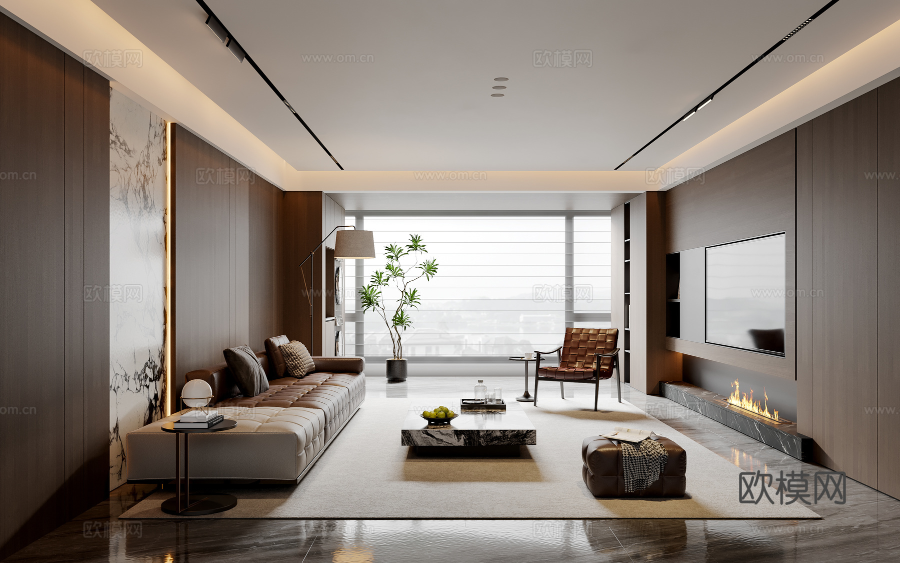 现代意式客厅 沙发茶几 电视背景墙 多人沙发 休闲椅 落地灯su模型