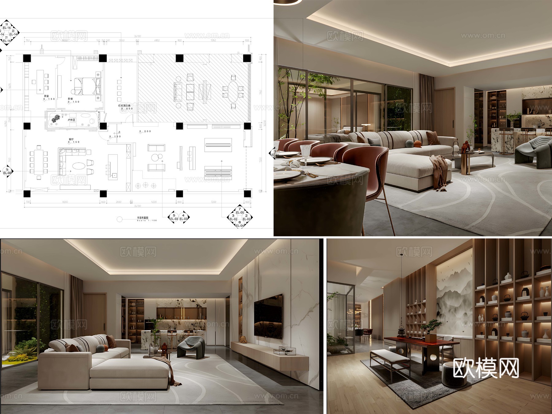 7套家具展厅施工图+效果图cad施工图