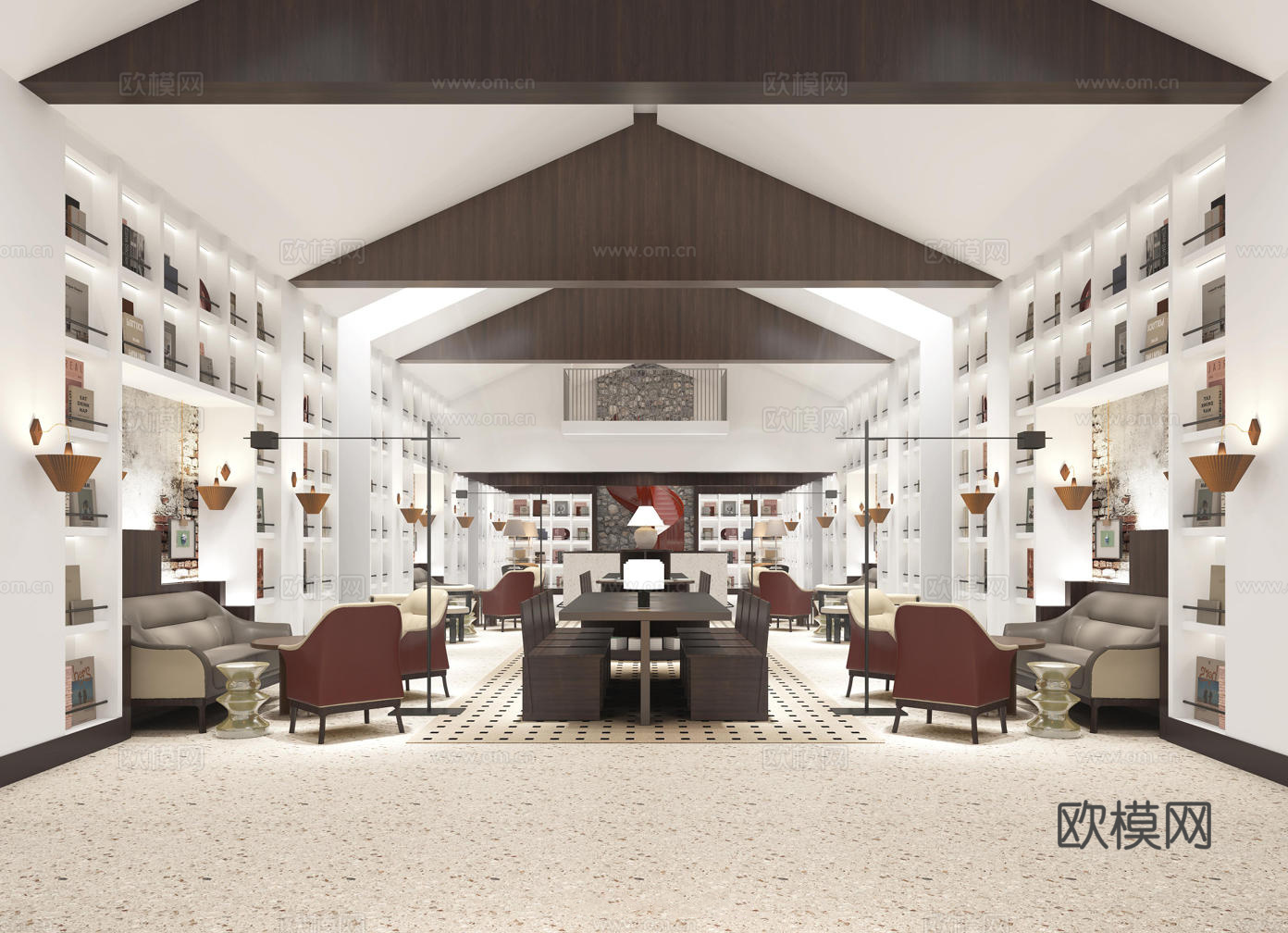 现代书吧阅览室美术室文化书店网红打卡古建改造展览馆博物馆文创3d模型下载（渲染图1）