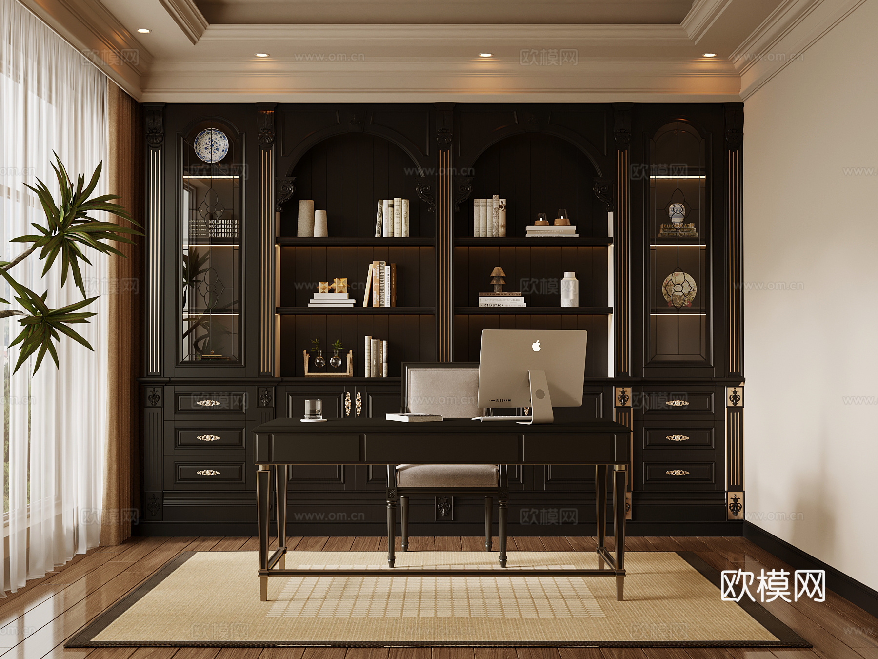 法式书房 书柜 书桌椅3d模型下载