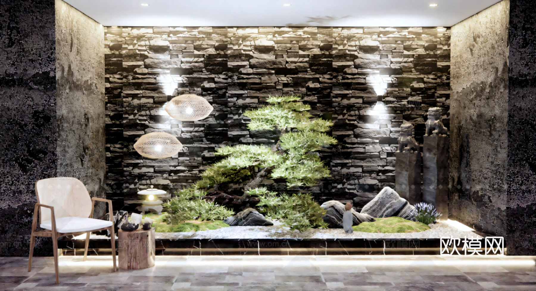 新中式庭院景观 民宿景观 休闲椅 假山石头 松树景观树 景墙su模型