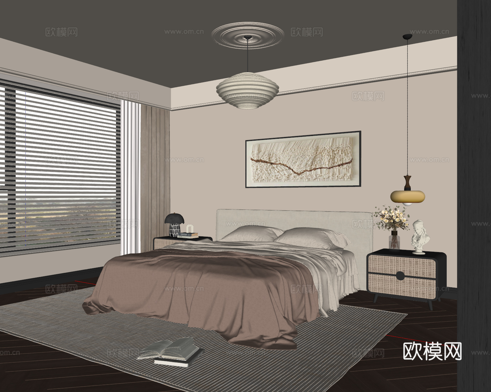 中古风卧室 布艺双人床 床头柜 吊灯 挂画 地毯su模型