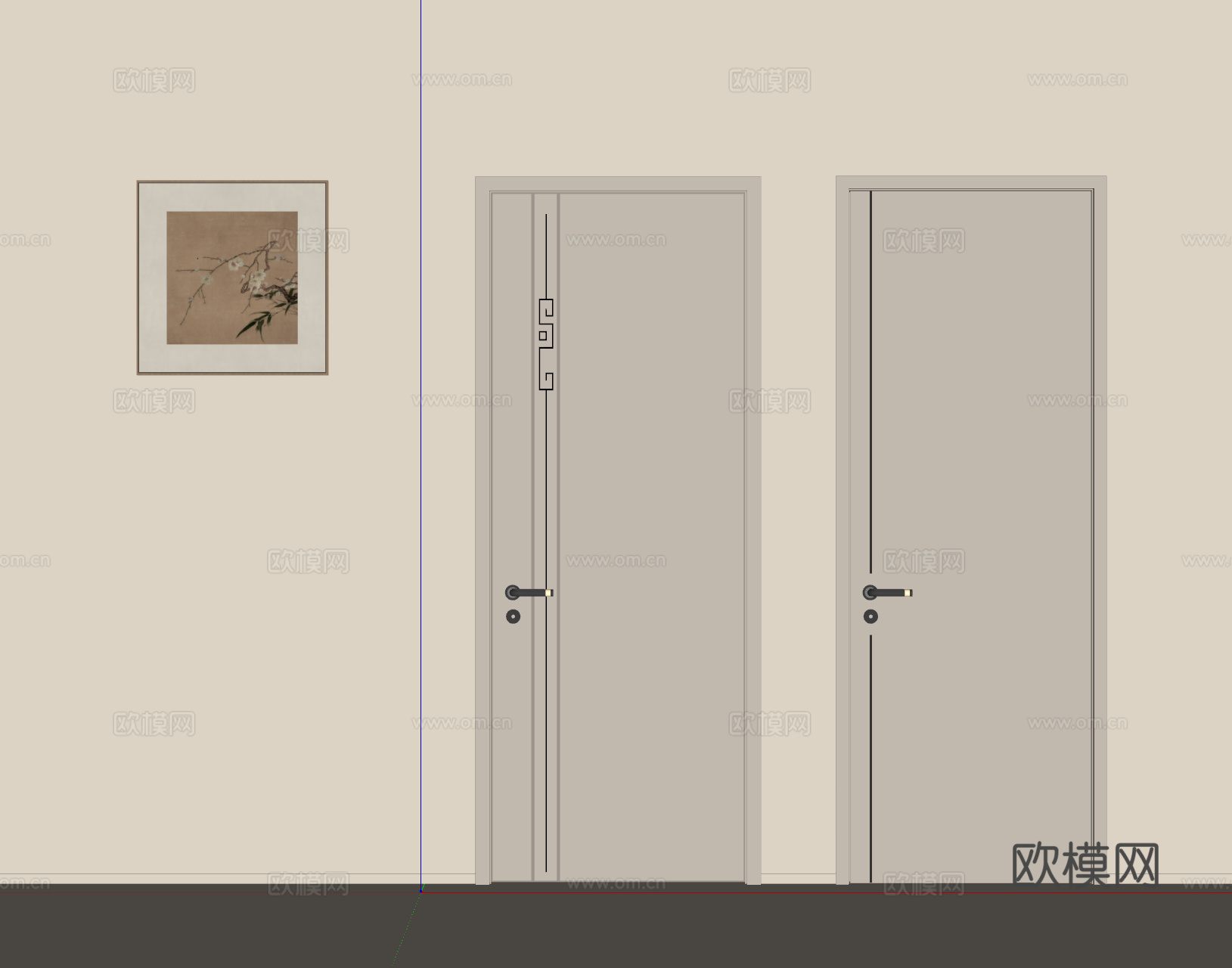新中式单开门 卧室门 木门su模型