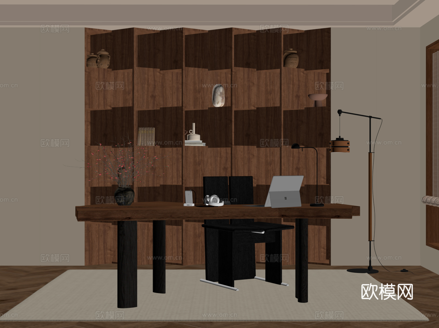 中古风书房 书柜 书桌椅su模型