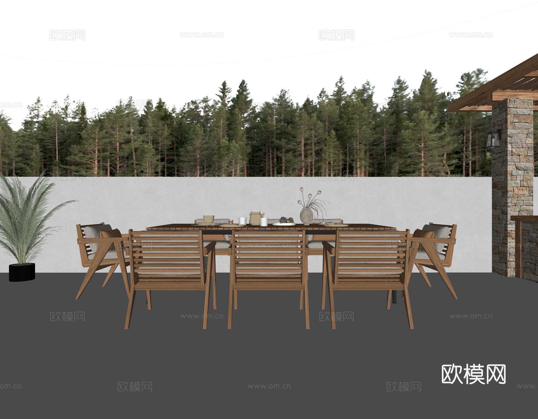 现代意式 法式庭院景观 实木 柚木餐桌椅 一桌六椅 餐桌饰品su模型
