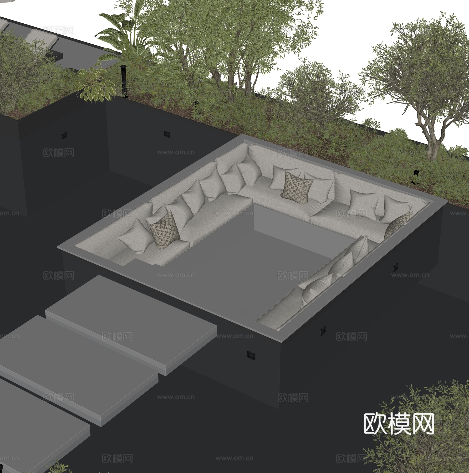 现代户外休闲空间 水景泳池 汀步 下沉回字形卡座 休闲木平台su模型