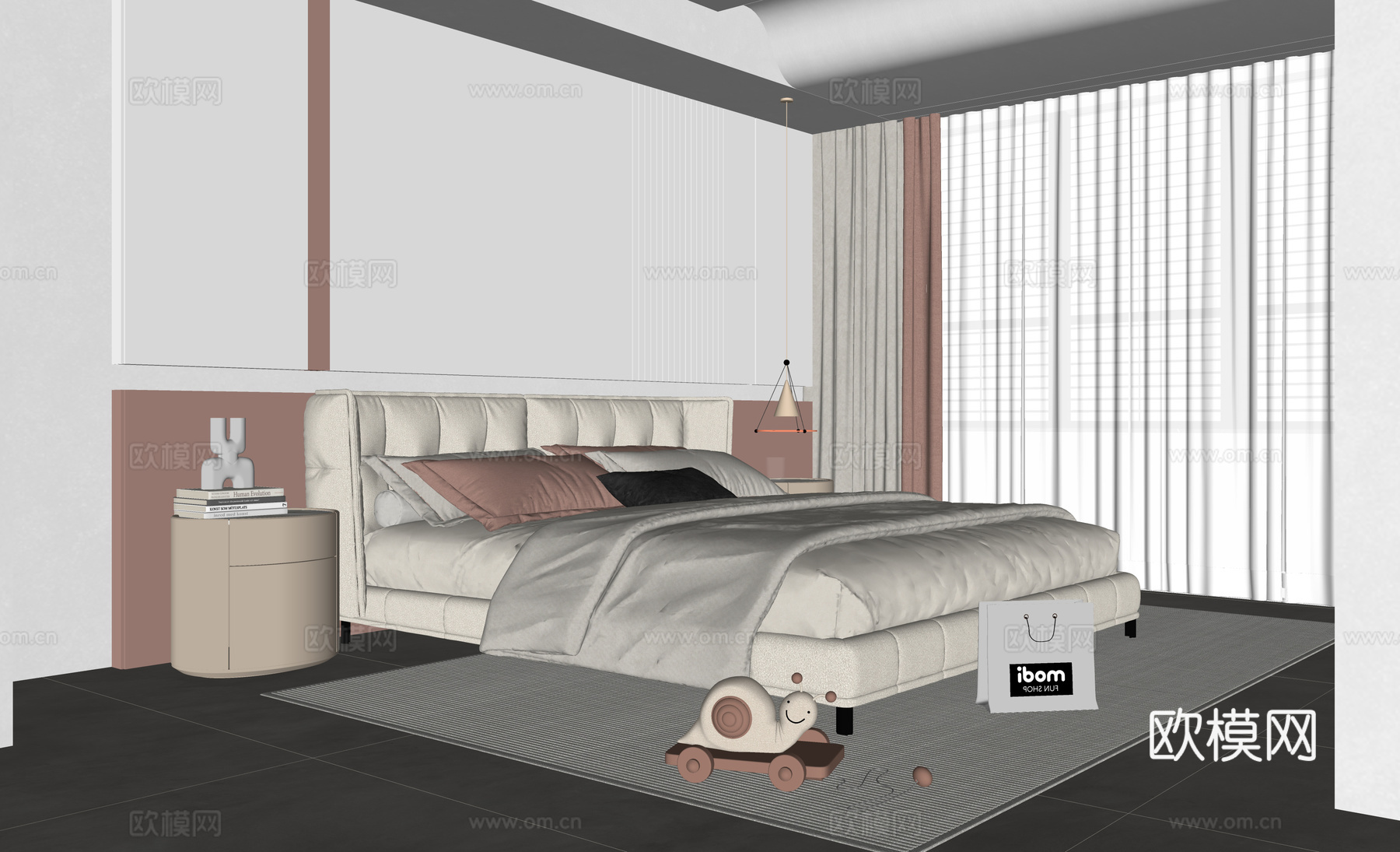 现代卧室 双人床su模型