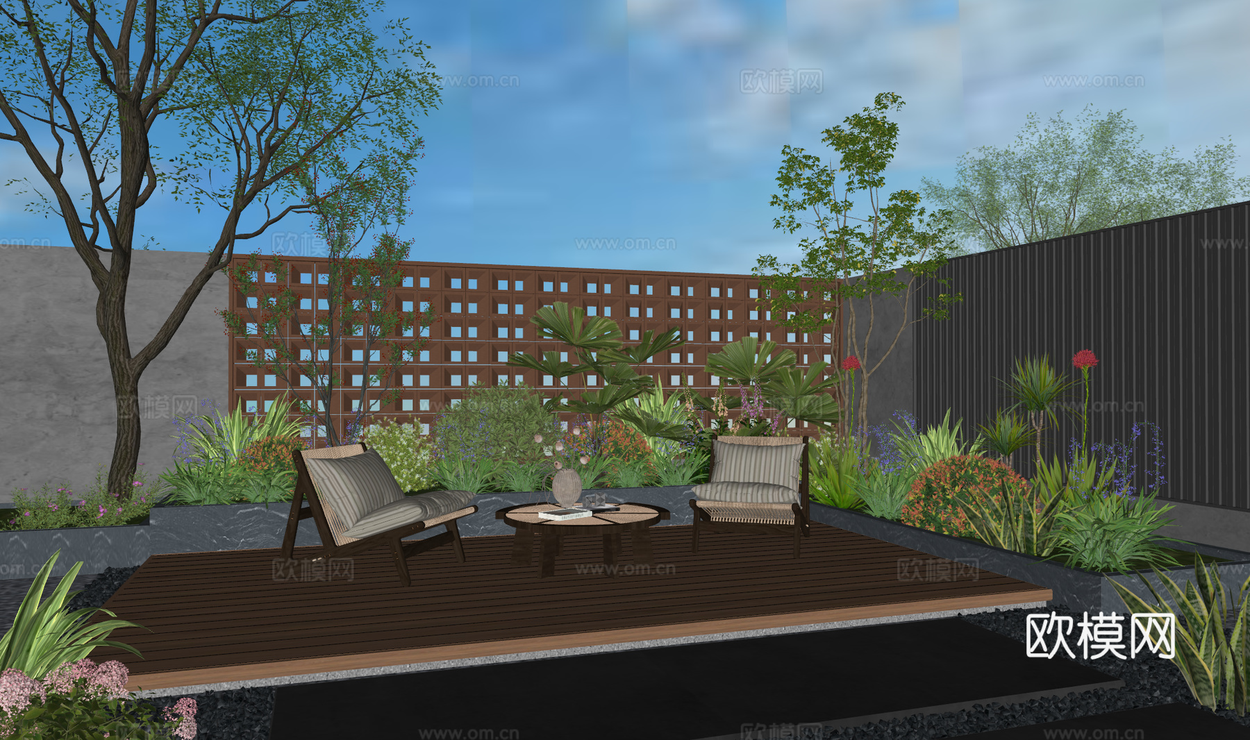 现代别墅庭院景观 居家庭院 私家庭院 庭院小院 植物堆 植物su模型