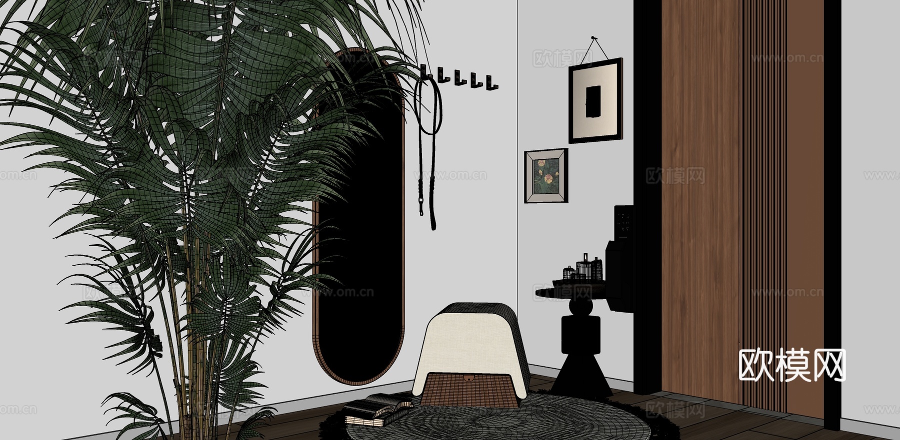 玄关全身镜挂衣杆换鞋凳su模型