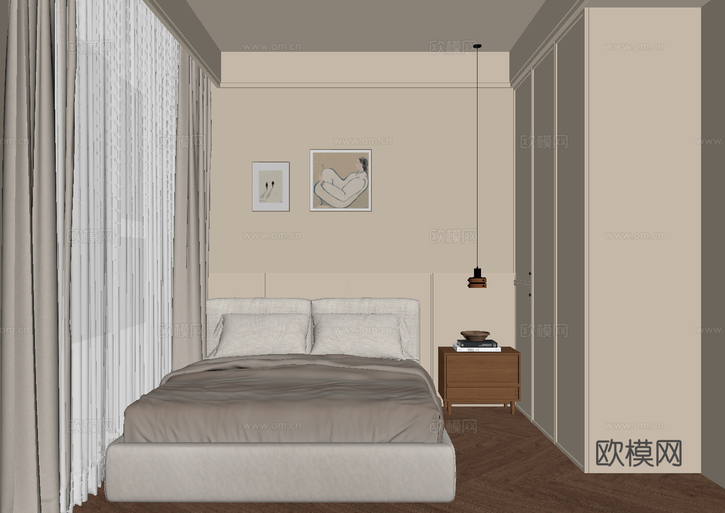 现代卧室 双人床 次卧su模型