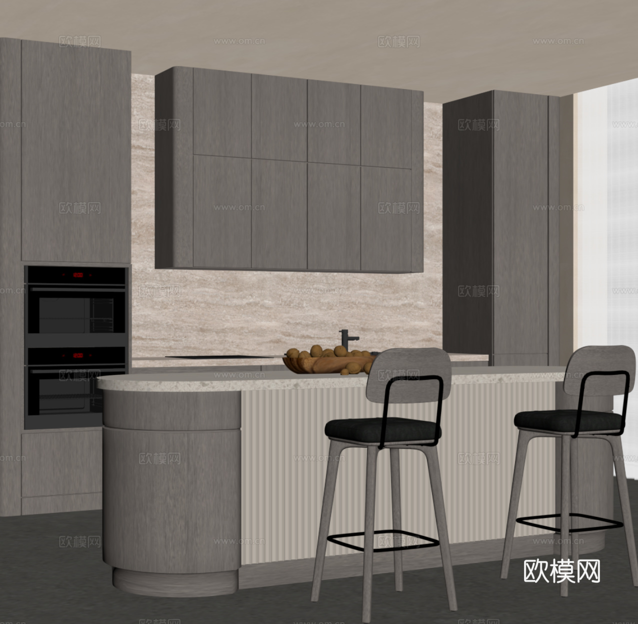 中古风餐厅 岛台 厨房su模型