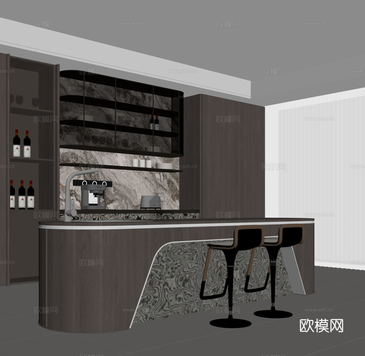 现代餐厅 岛台 酒柜 吧椅su模型