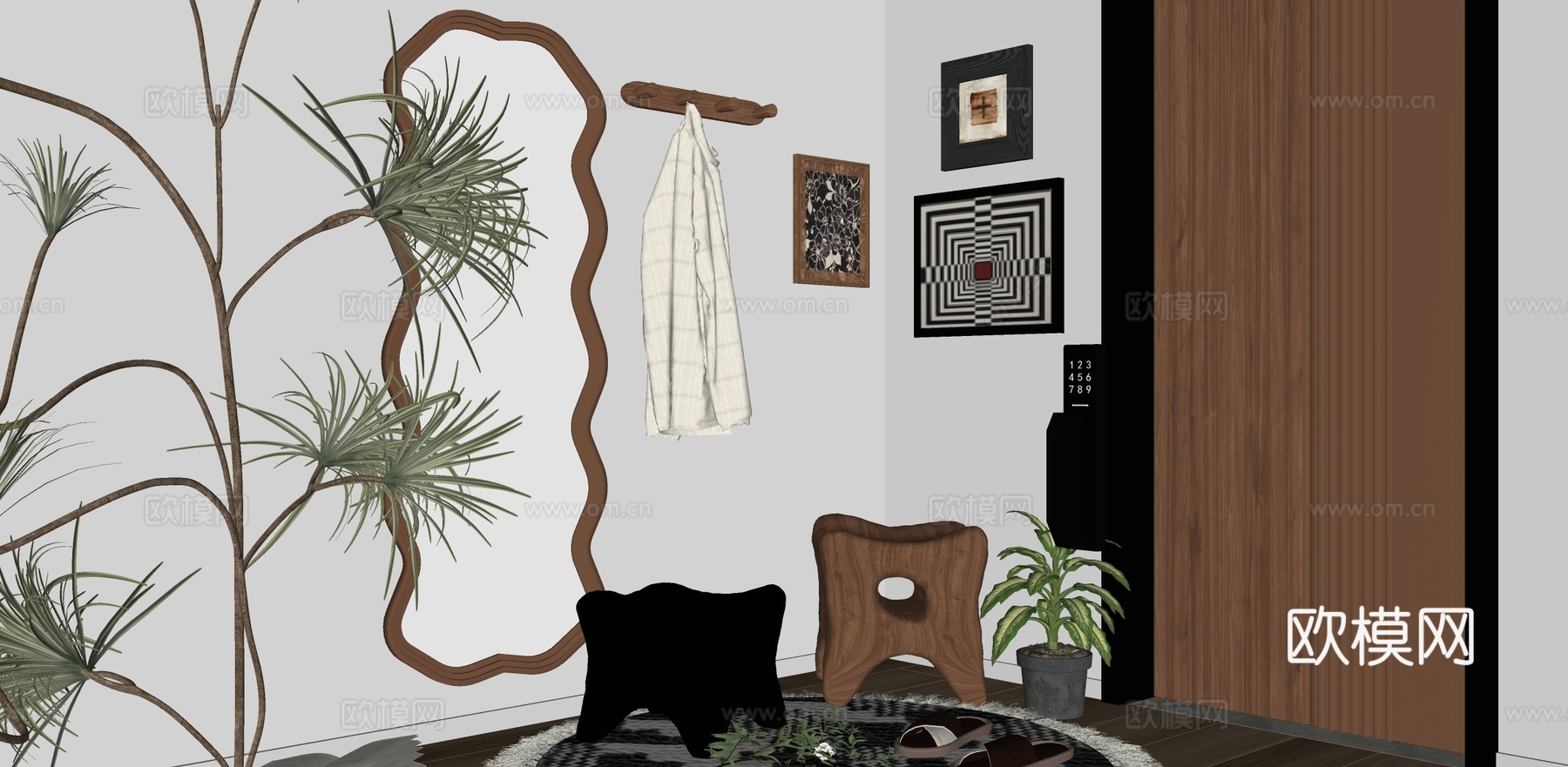 玄关全身镜挂衣杆换鞋凳su模型