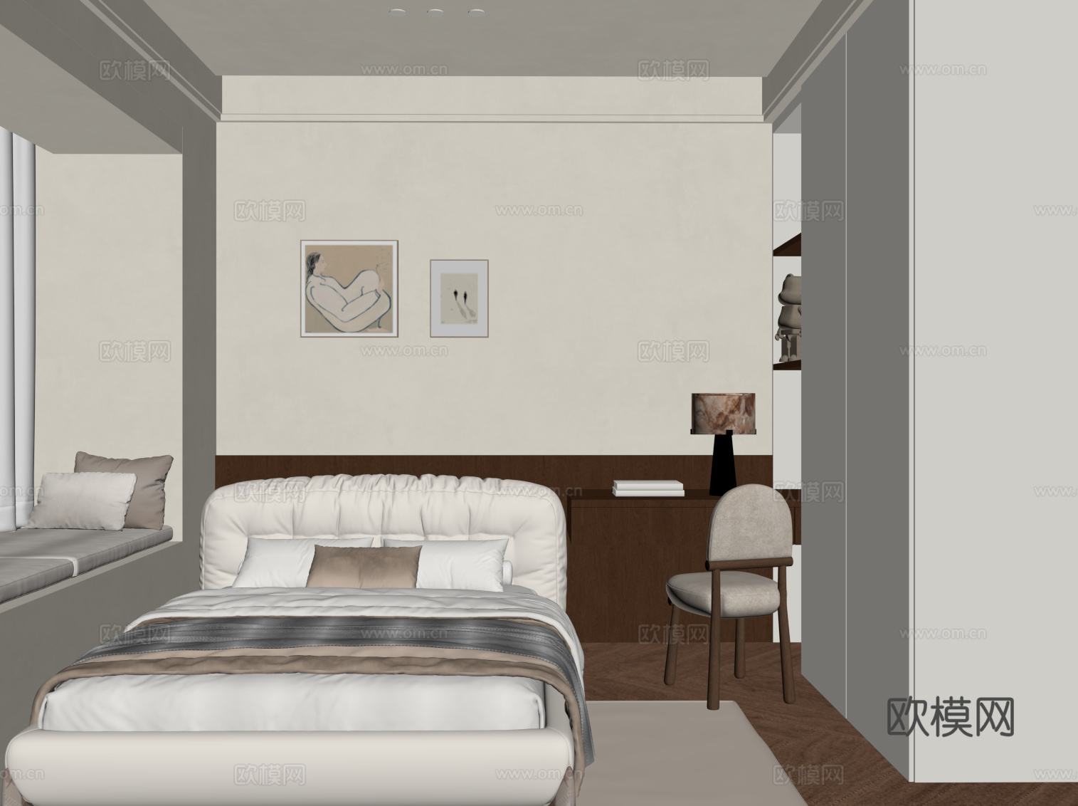 中古风卧室 双人床su模型