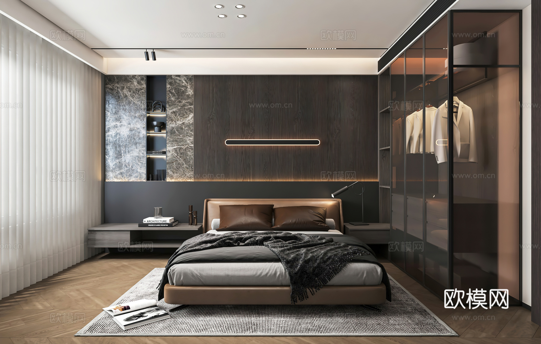 意式卧室 无主灯卧室 衣柜 背景墙3d模型下载（渲染图1）
