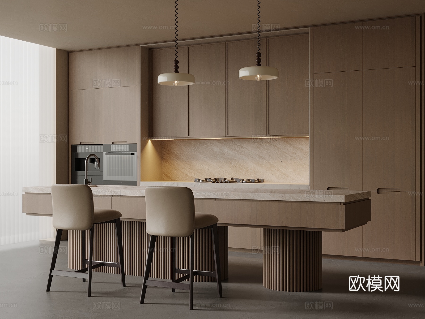 中古风餐厅 岛台 厨房su模型