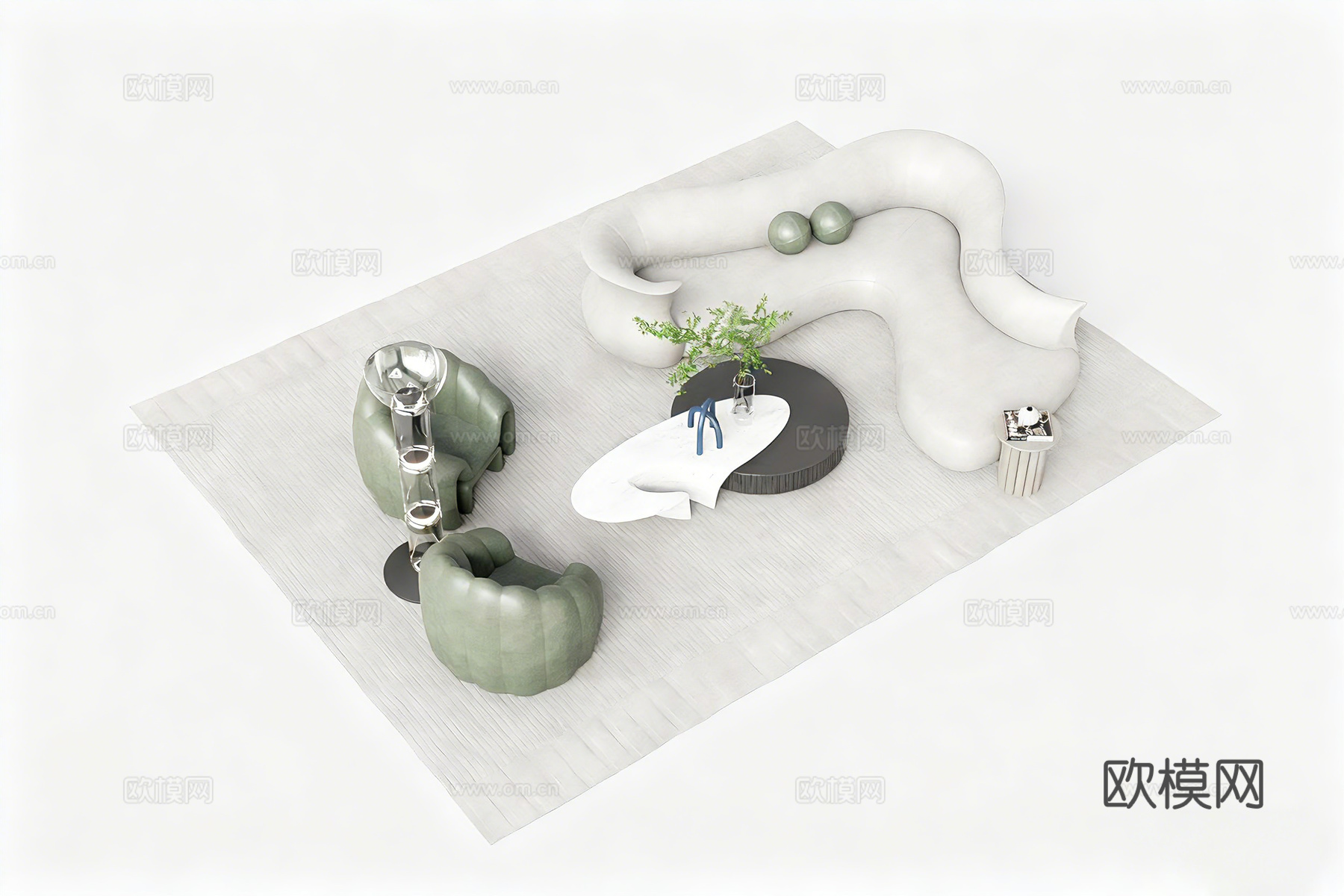 现代沙发茶几组合 弧形沙发异形茶几 球形抱枕su模型