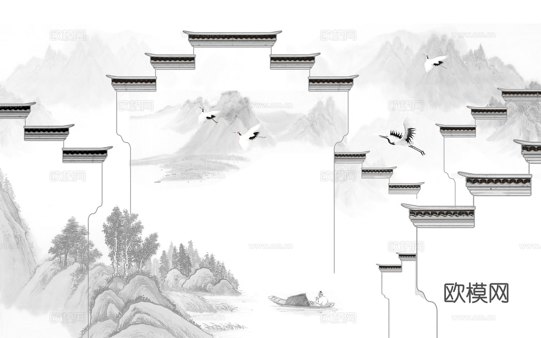 中式新中式水墨江南建筑壁纸壁画装饰画