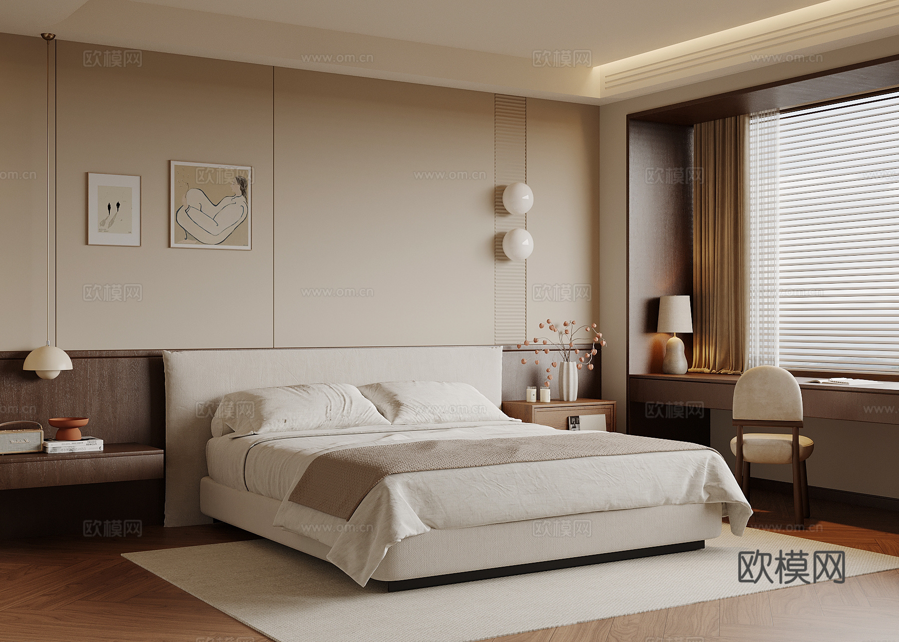 中古风卧室 双人床su模型