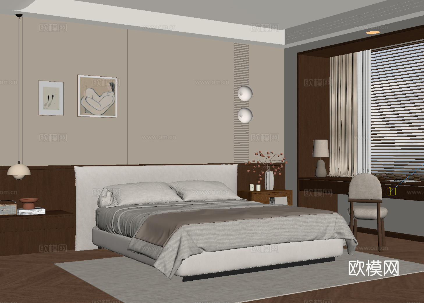 中古风卧室 双人床su模型