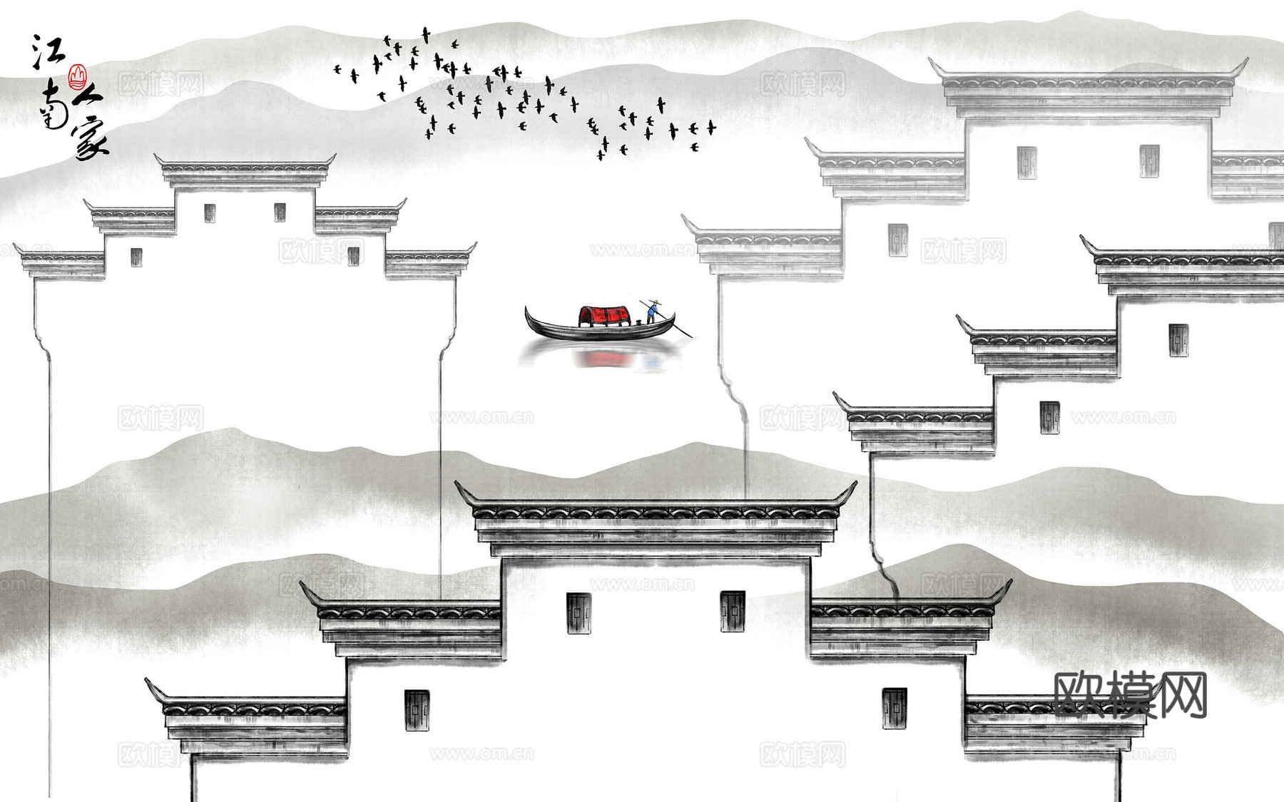 中式新中式水墨江南建筑壁纸壁画装饰画