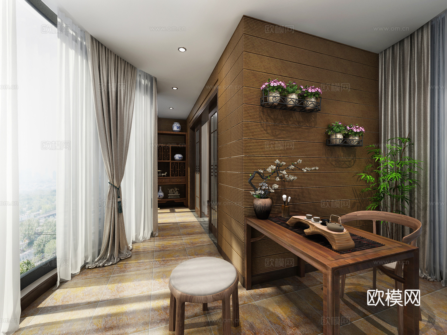 新中式阳台 博古架 装饰柜 茶台 茶具 单椅 凳子 盆景3d模型下载