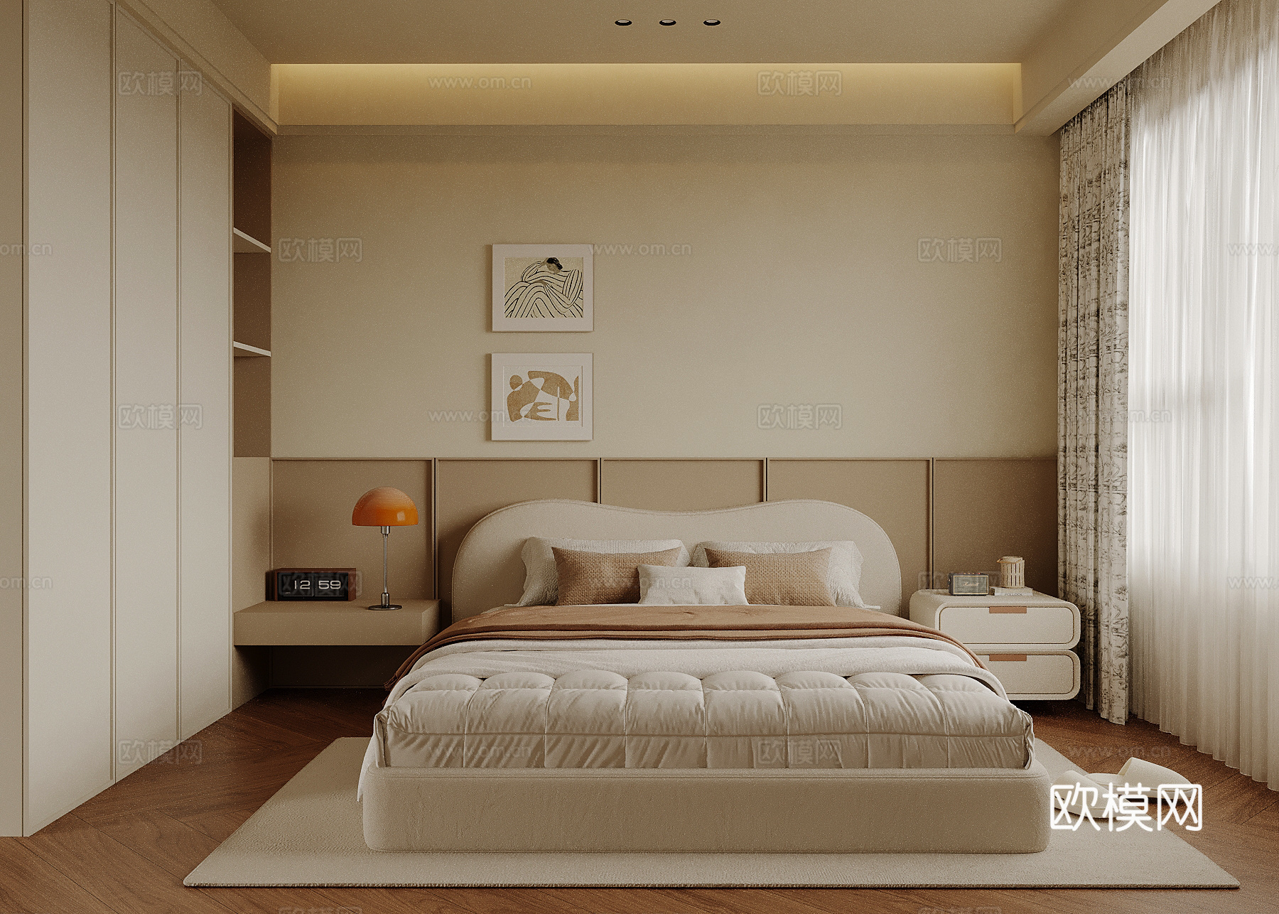 现代卧室 中古风卧室 双人床su模型