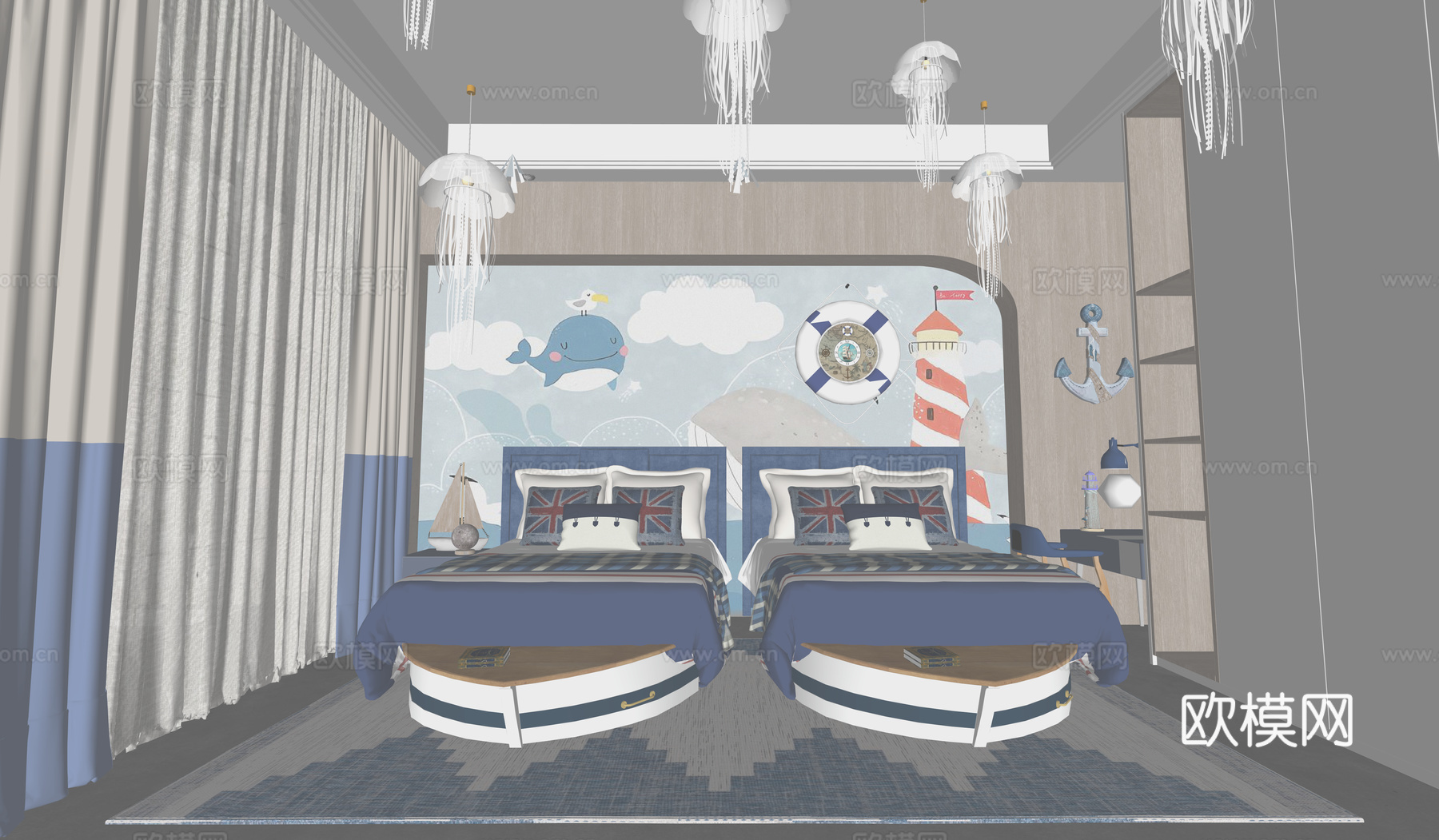 海洋主题民宿 农家乐 民宿客房 儿童房 双子房 大床房su模型