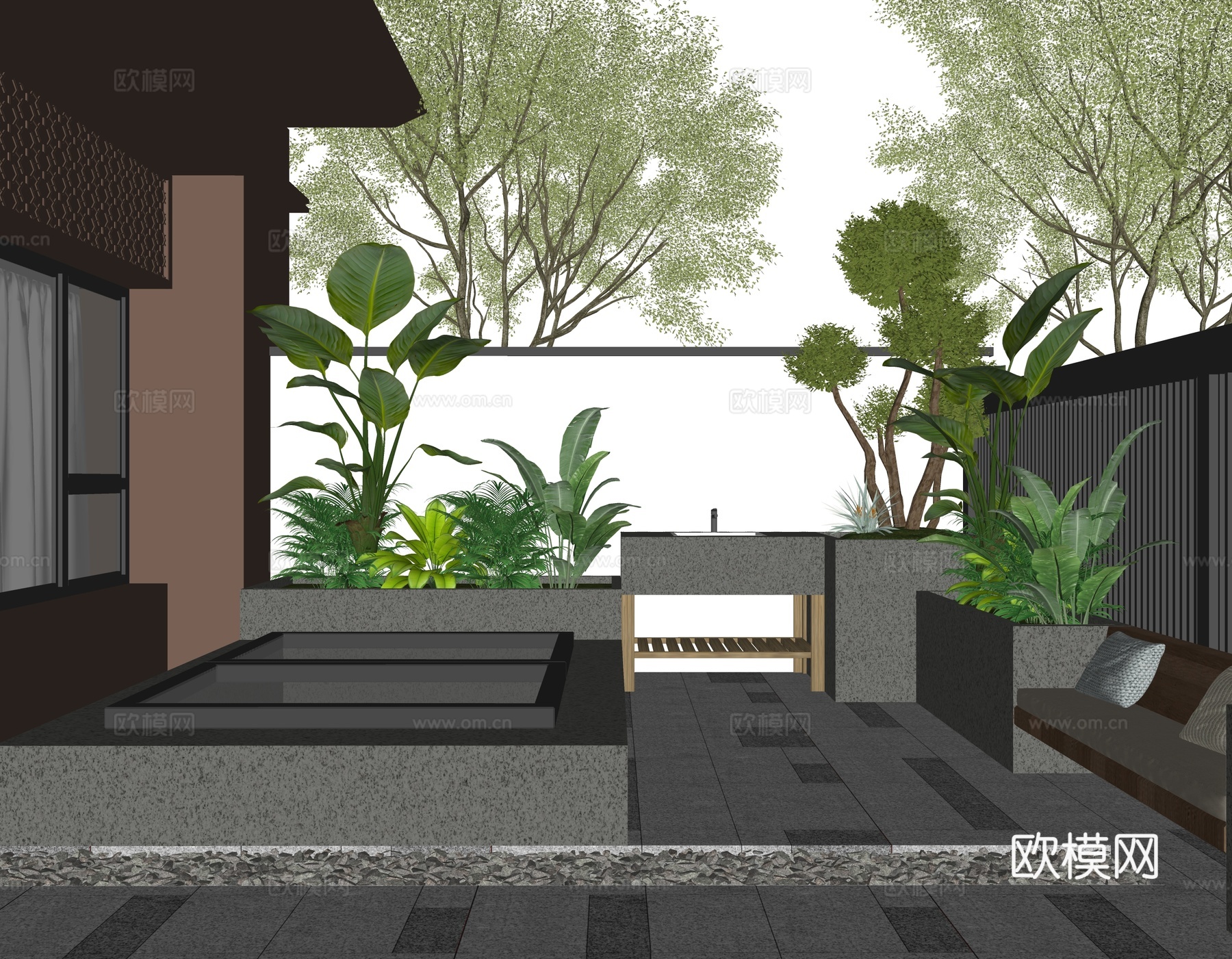 现代庭院花园 围墙围栏 格栅 户外洗手池 休闲卡座 采光天井su模型