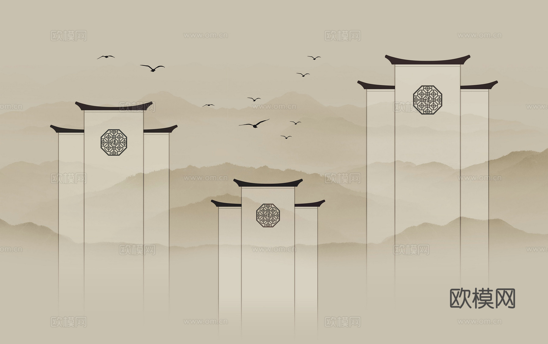 中式新中式水墨江南建筑壁纸壁画装饰画