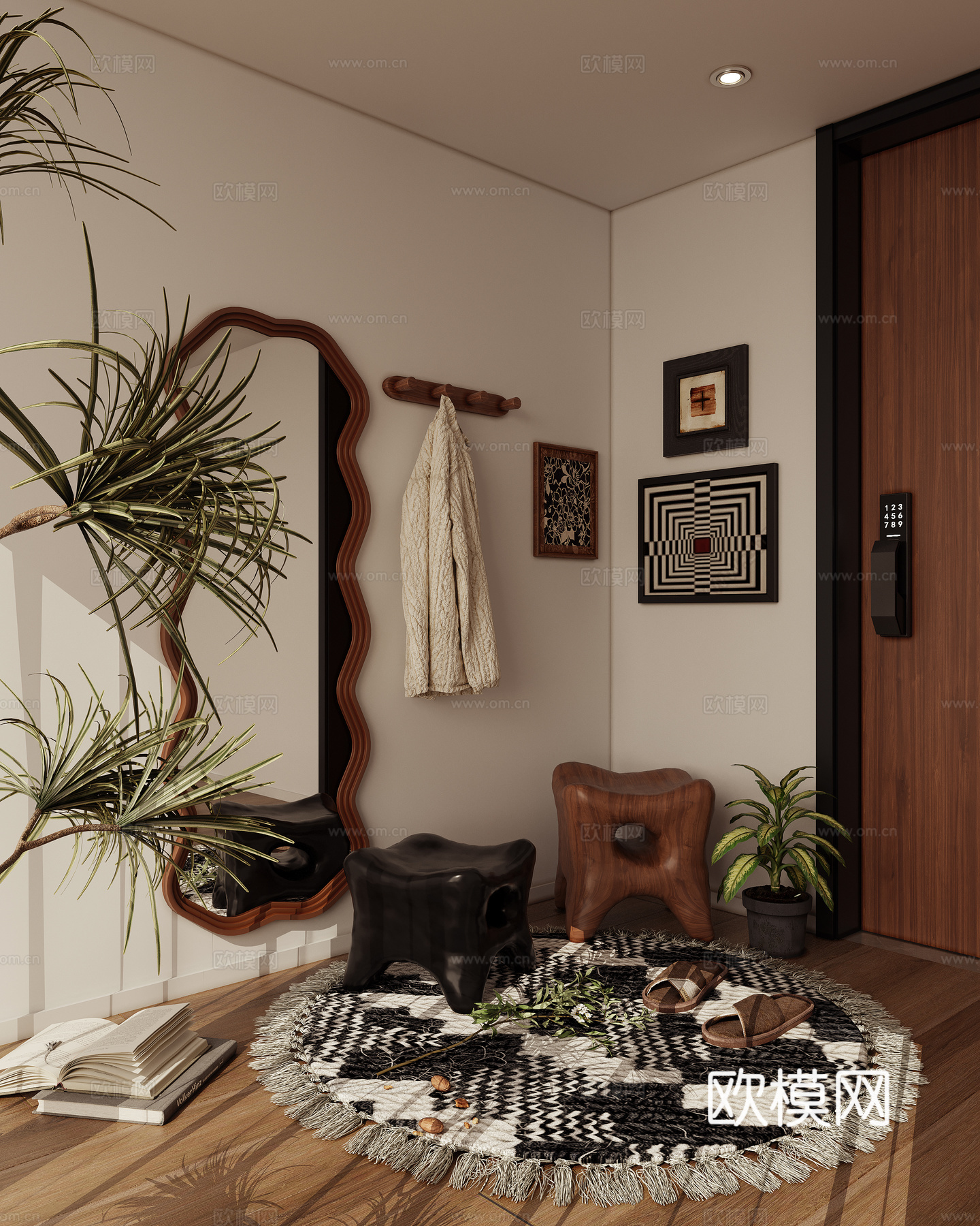 玄关全身镜挂衣杆换鞋凳su模型