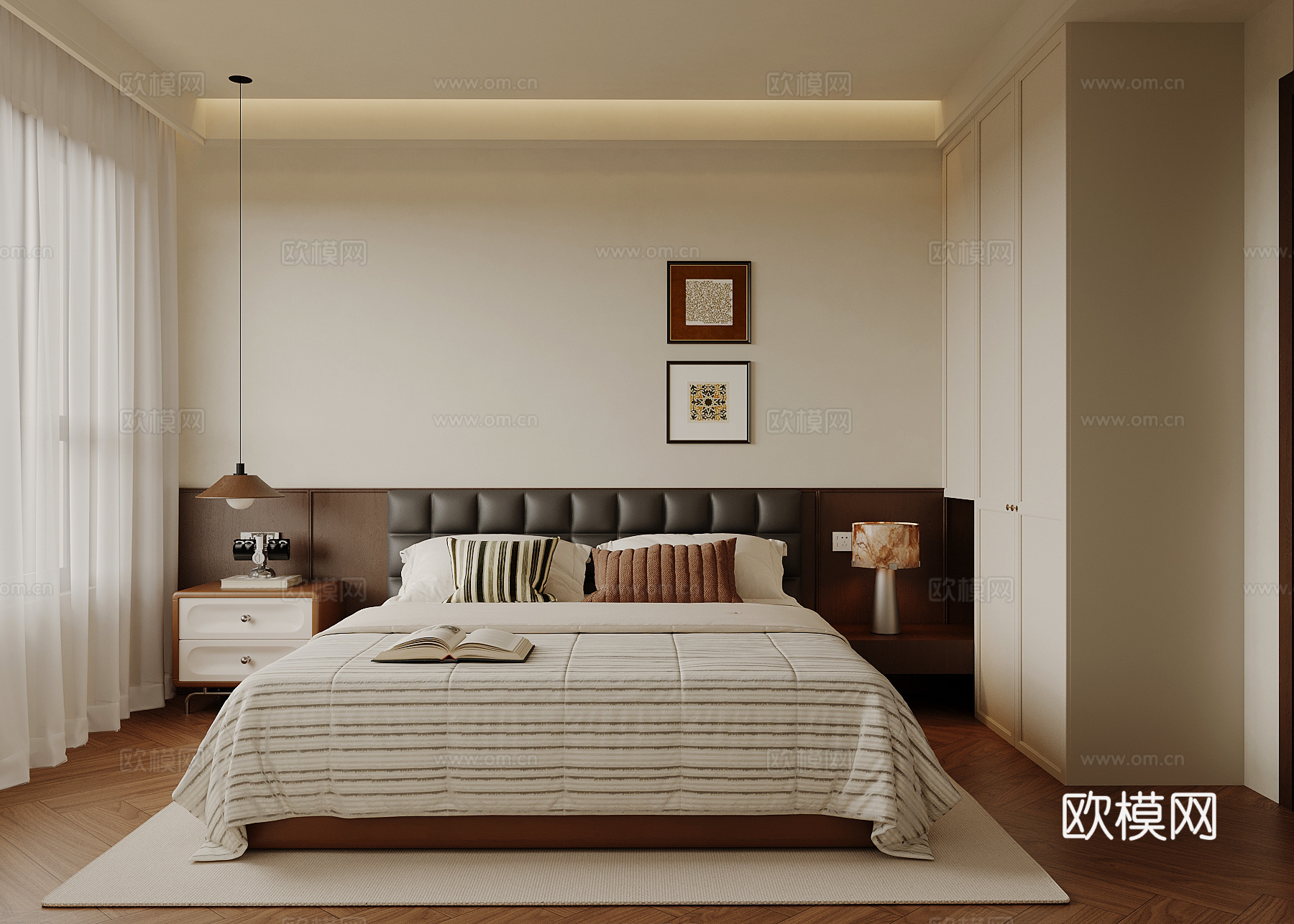 中古风卧室 双人床su模型
